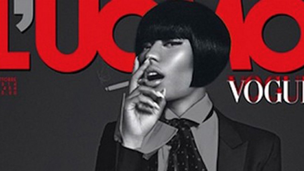 Nicki pryder omslaget av italienska L'Uomo Vogue. 